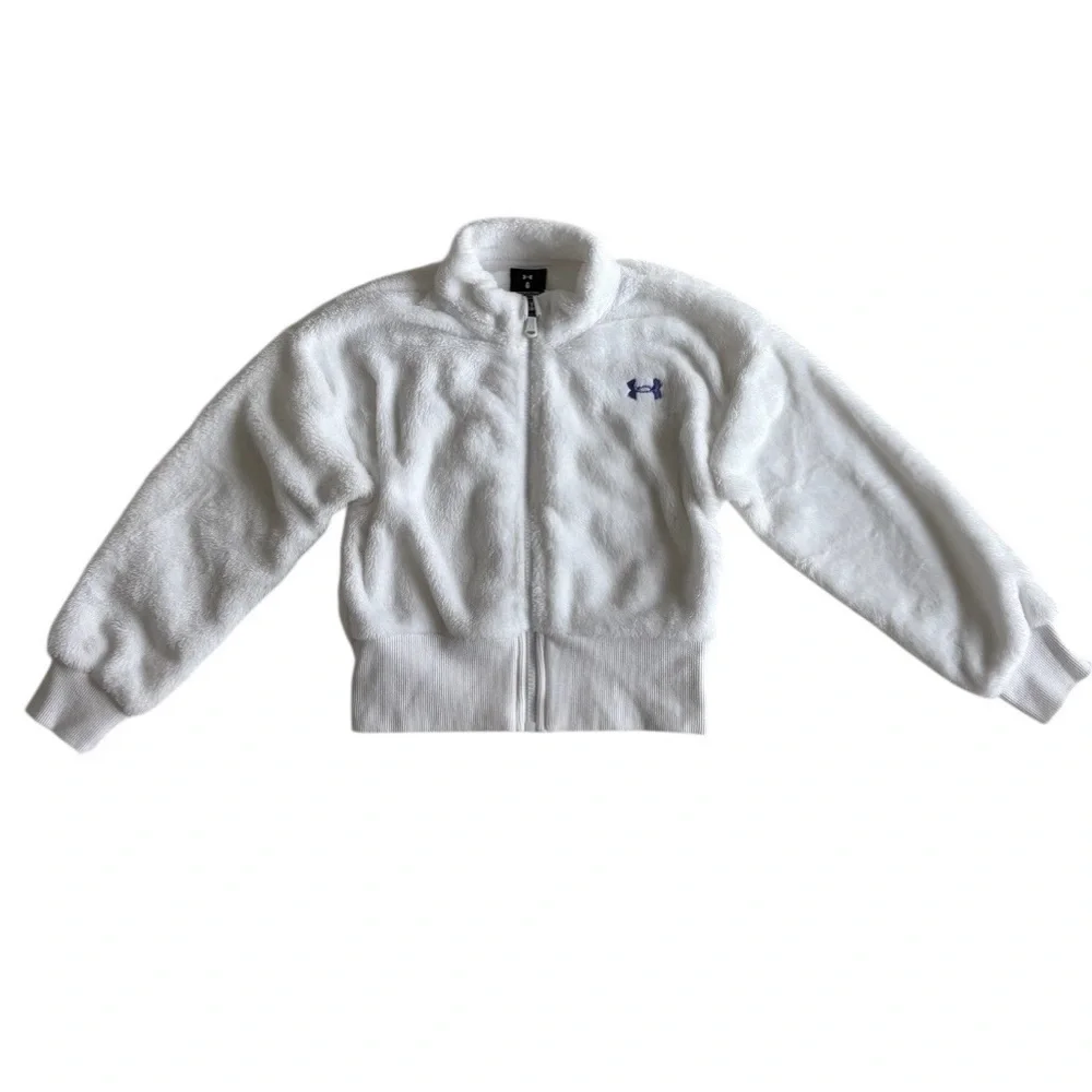 Under Armour Kids White Sherpa Full-Zip Jacket with Purple Logo Girls 6